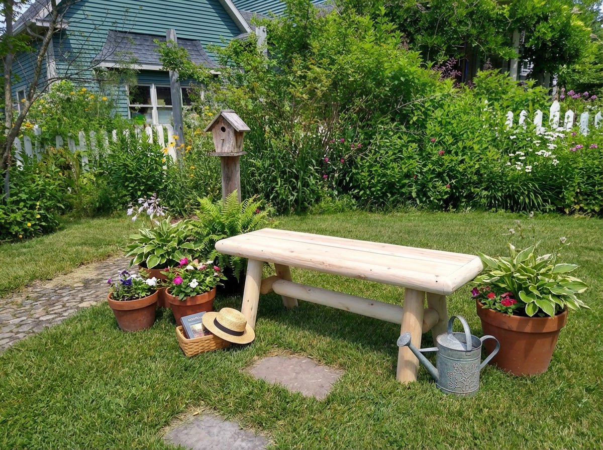 Rustic cedar farmhouse outdoor entryway bench with wooden slats and sturdy legs, perfect for porch or garden seating.
