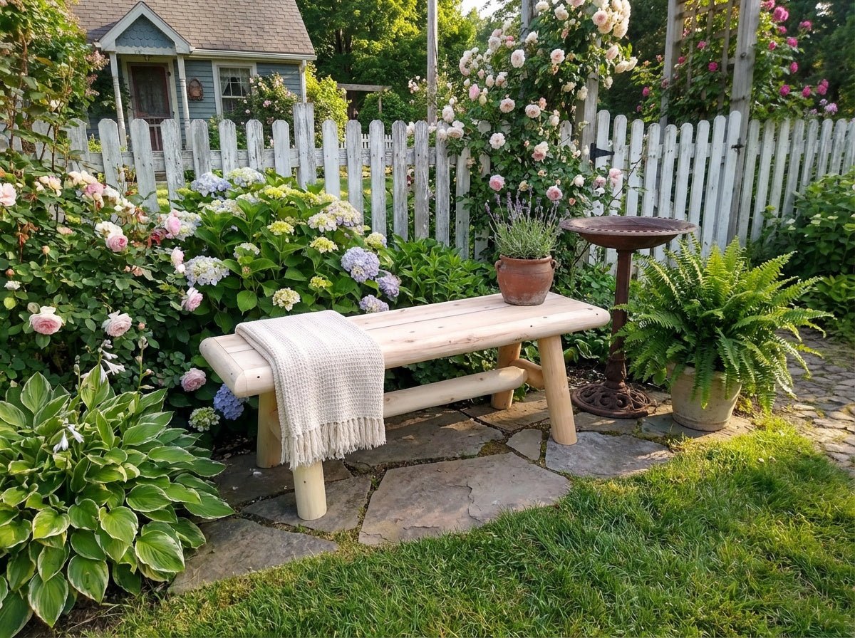 Rustic cedar wood farmhouse entryway bench with sturdy legs and a natural finish, ideal for outdoor porch or garden seating.