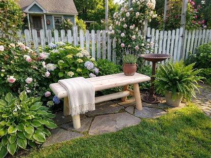Rustic cedar wood farmhouse entryway bench with sturdy legs and a natural finish, ideal for outdoor porch or garden seating.