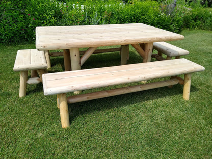 Handmade rustic outdoor picnic table with four benches by Cedar Creek Rustic Furniture, ideal for patio or garden gatherings.
