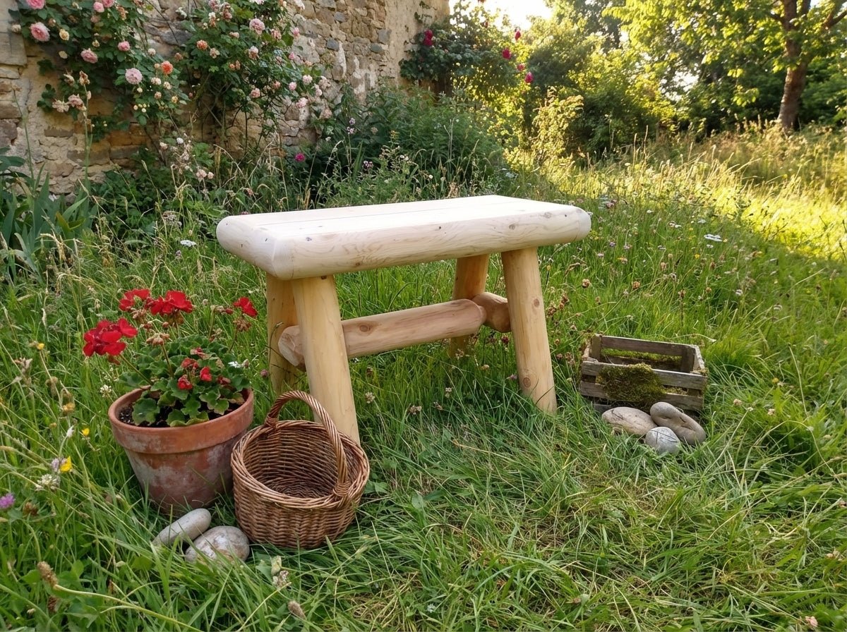 Rustic wooden outdoor garden bench by Cedar Creek Rustic Furniture, featuring sturdy design and natural wood finish for outdoor seating.