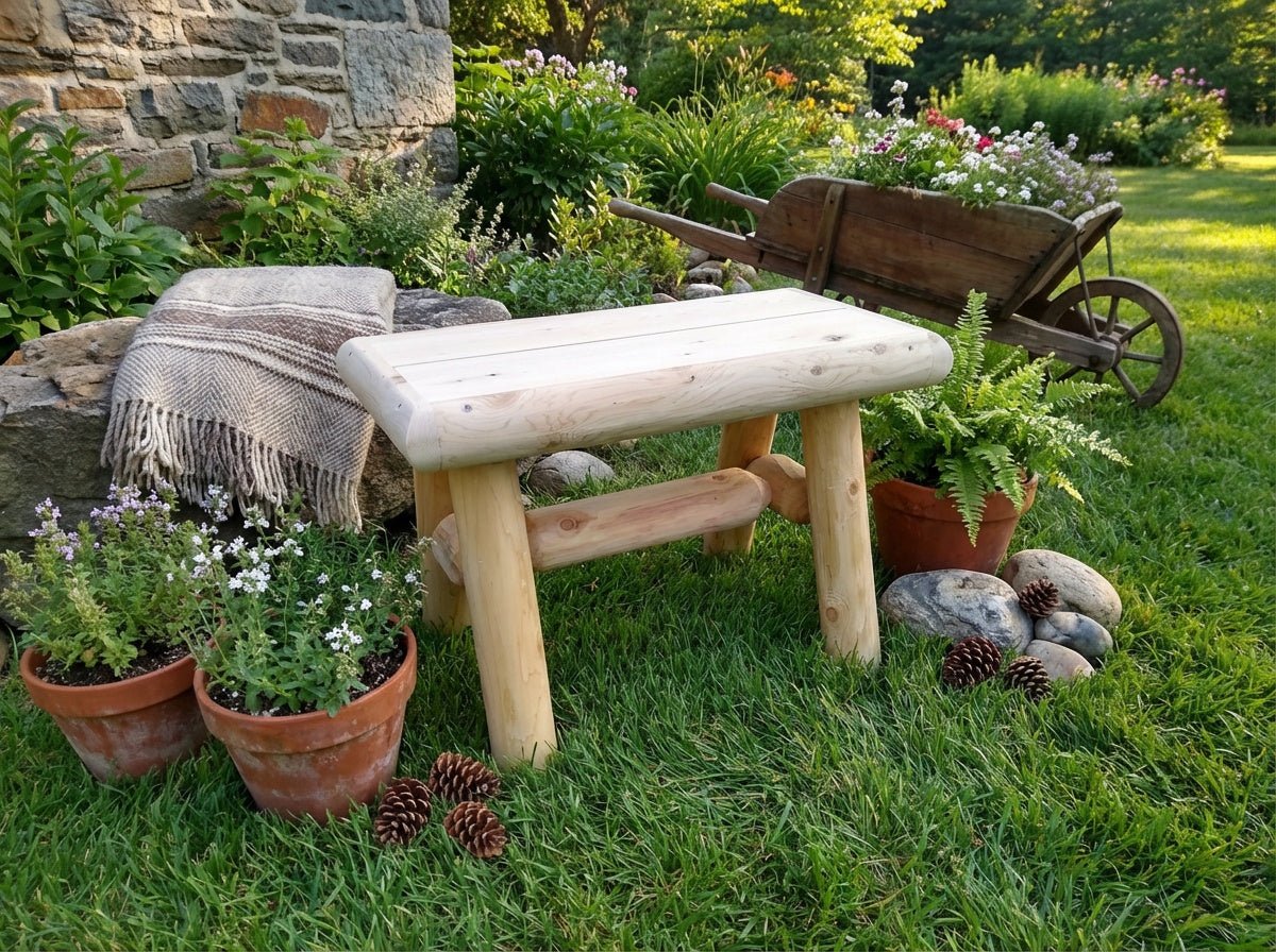 Rustic wooden outdoor garden bench by Cedar Creek Rustic Furniture with a natural finish and sturdy construction.