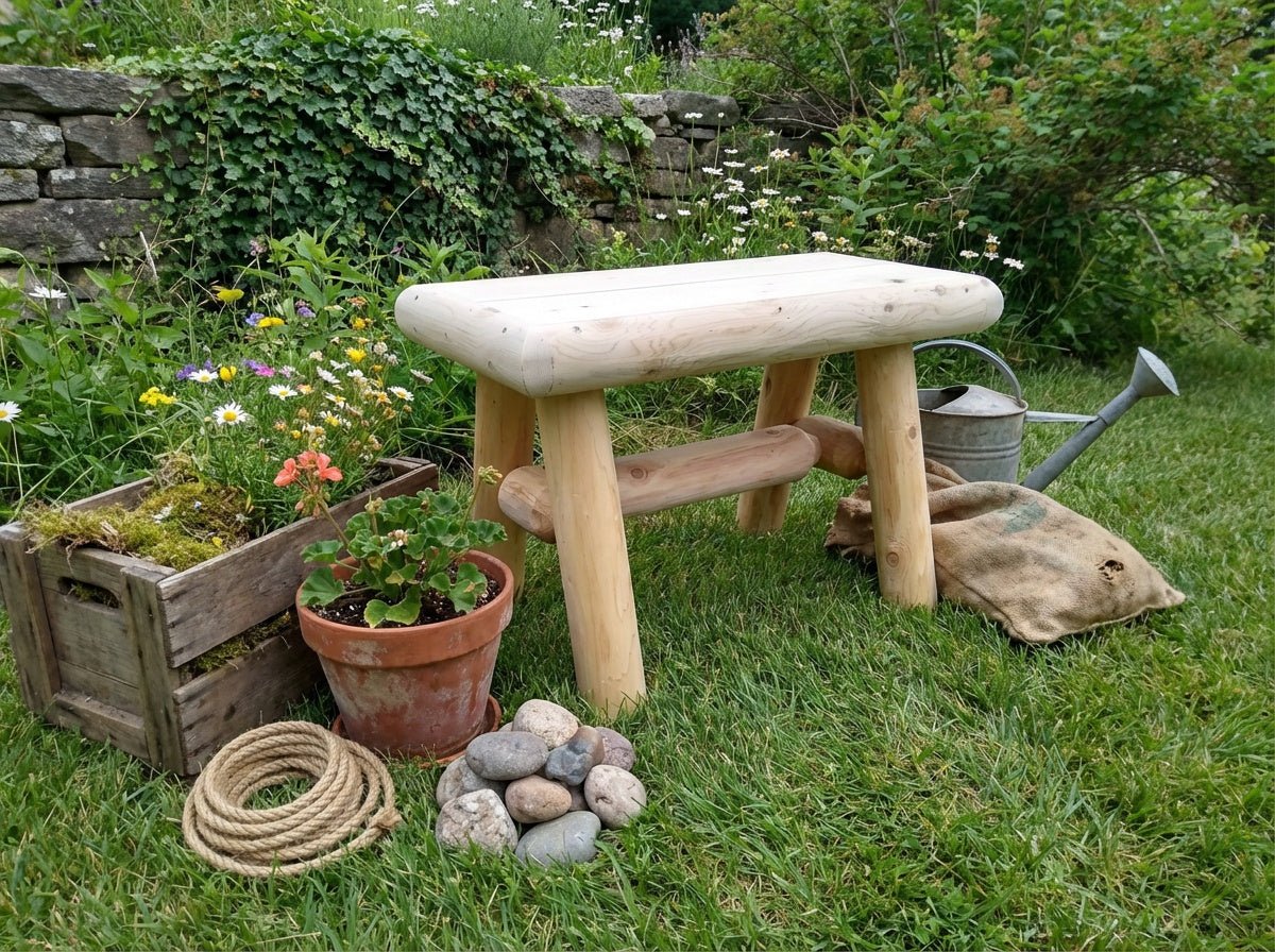 Rustic wooden outdoor garden bench by Cedar Creek Rustic Furniture, showing a sturdy, natural wood bench suitable for outdoor garden seating.