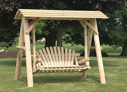 Wooden porch swing with canopy from Cedar Creek Rustic Furniture, showcasing a sturdy outdoor seating area with shade.