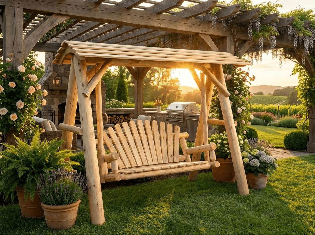 Wooden porch swing with canopy from Cedar Creek Rustic Furniture, featuring sturdy wood slats and a relaxing shaded seating area.