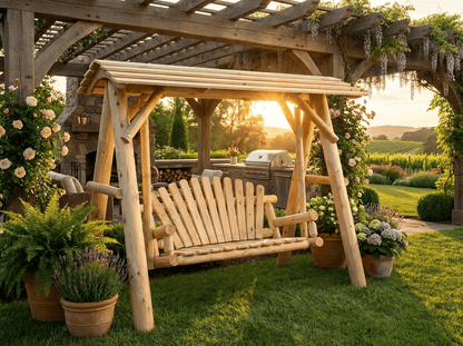 Wooden porch swing with canopy from Cedar Creek Rustic Furniture, featuring sturdy wood slats and a relaxing shaded seating area.