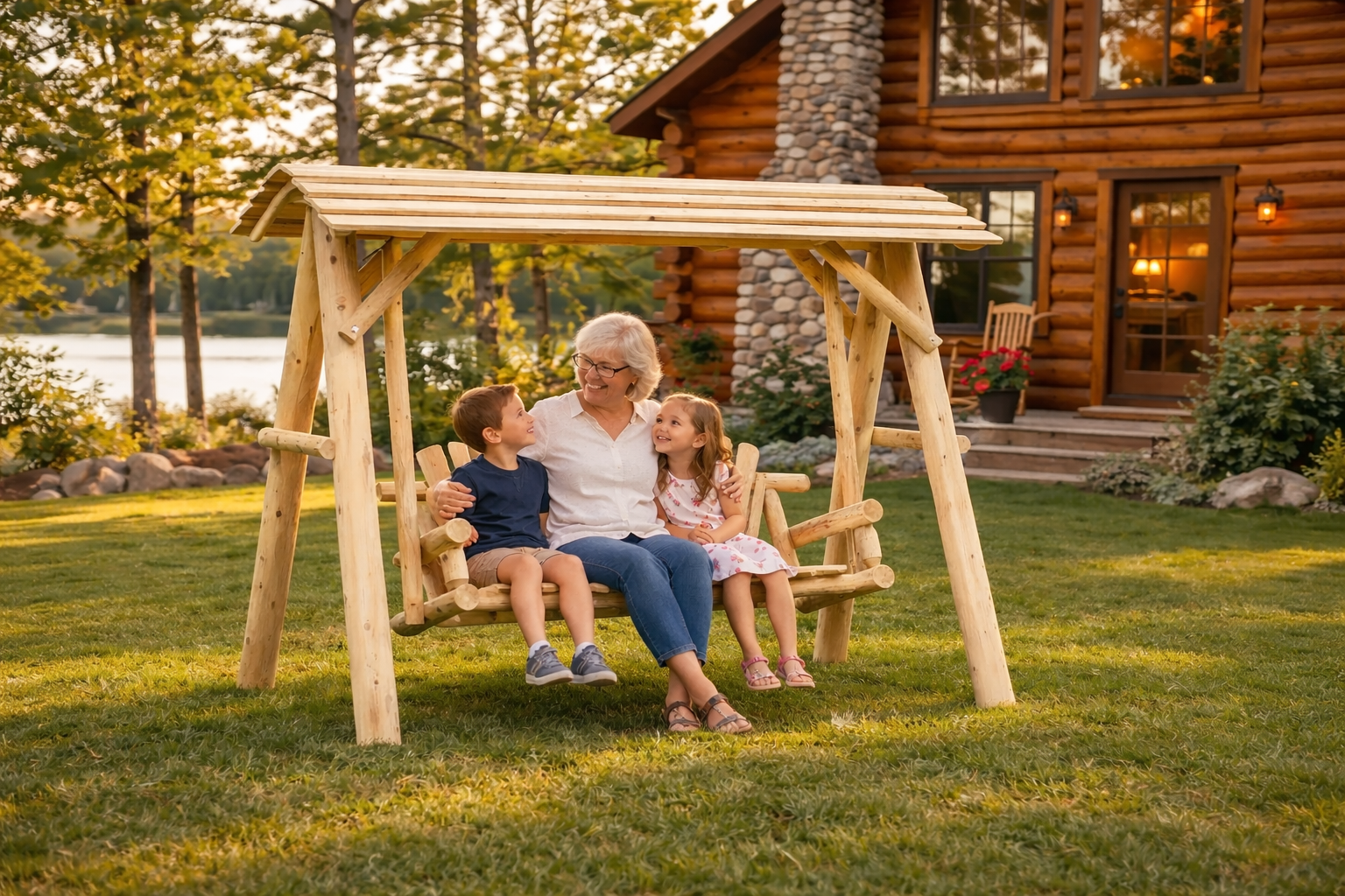 Wooden porch swing with canopy by Cedar Creek Rustic Furniture, featuring a sturdy frame and cozy shade for outdoor relaxation.
