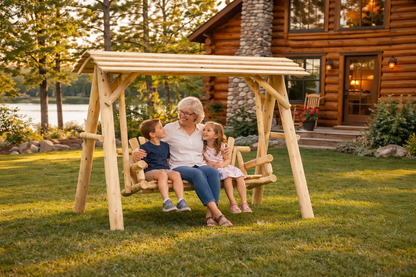 Wooden porch swing with canopy by Cedar Creek Rustic Furniture, featuring a sturdy frame and cozy shade for outdoor relaxation.