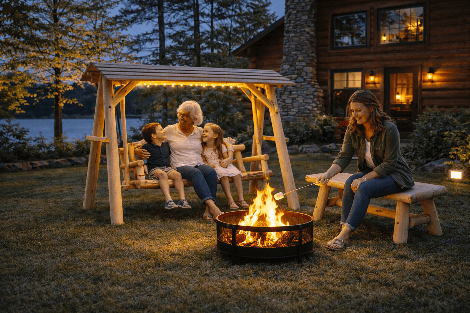 Wooden porch swing with canopy from Cedar Creek Rustic Furniture, featuring comfortable seating and a shaded canopy for outdoor relaxation.
