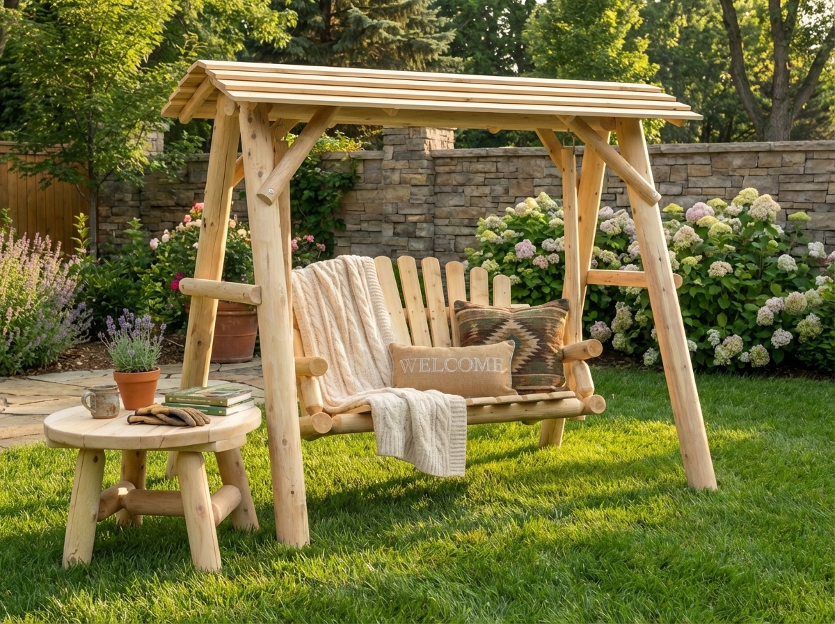 Wooden porch swing with canopy by Cedar Creek Rustic Furniture, featuring a sturdy wooden frame and comfortable seating.