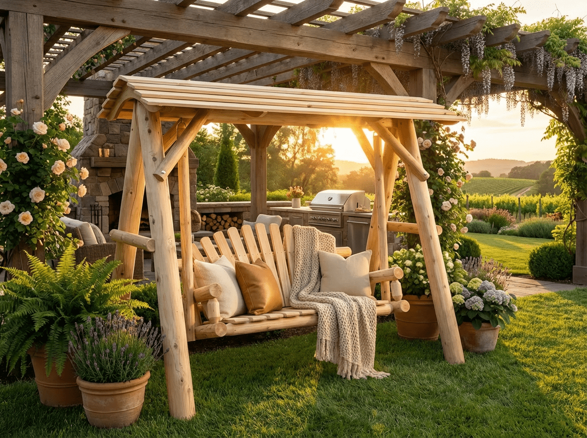 Wooden porch swing with canopy from Cedar Creek Rustic Furniture, showing a sturdy outdoor swing with a protective canopy and cozy cushions.
