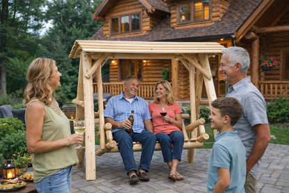 Cedar Creek Rustic Furniture wooden porch swing with canopy, featuring a sturdy wooden frame and cozy shaded canopy for outdoor relaxation.