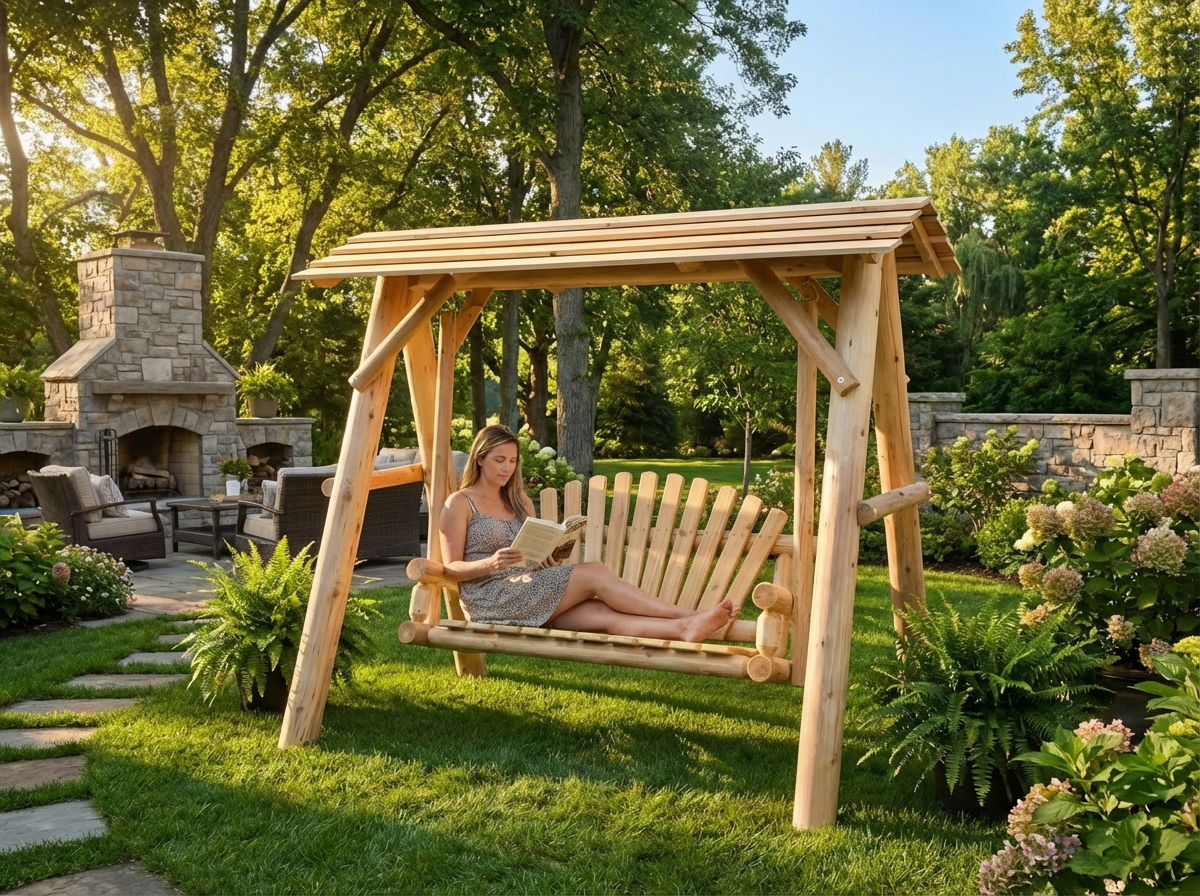 Wooden porch swing with canopy by Cedar Creek Rustic Furniture, featuring a sturdy wood frame and hanging chains for outdoor relaxation.