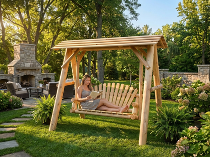 Wooden porch swing with canopy by Cedar Creek Rustic Furniture, featuring a sturdy wood frame and hanging chains for outdoor relaxation.