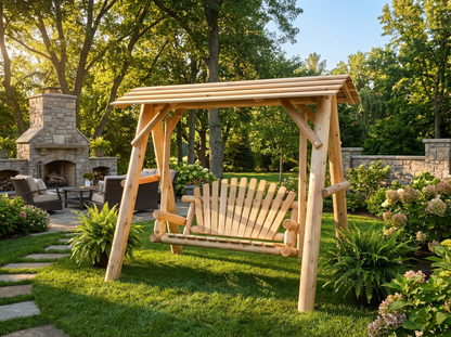 Wooden porch swing with canopy by Cedar Creek Rustic Furniture, showing a rustic wood frame and cozy shaded seating area.