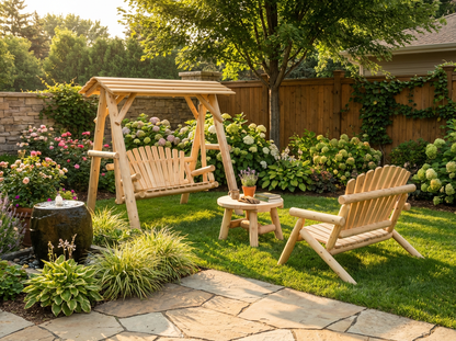 Wooden porch swing with canopy from Cedar Creek Rustic Furniture, featuring a sturdy frame and comfortable seating for outdoor relaxation.