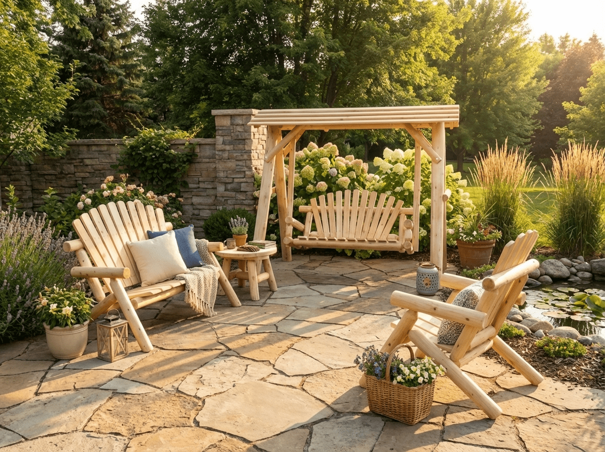 Rustic wooden porch swing with canopy by Cedar Creek Rustic Furniture, featuring a sturdy frame and comfortable seating.
