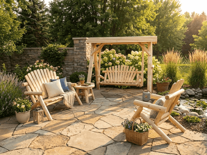 Rustic wooden porch swing with canopy by Cedar Creek Rustic Furniture, featuring a sturdy frame and comfortable seating.