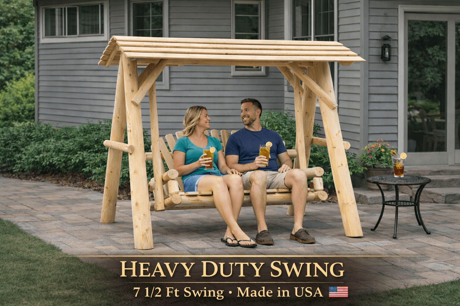 Wooden porch swing with canopy from Cedar Creek Rustic Furniture, featuring sturdy wood and comfortable seating for outdoor relaxation.