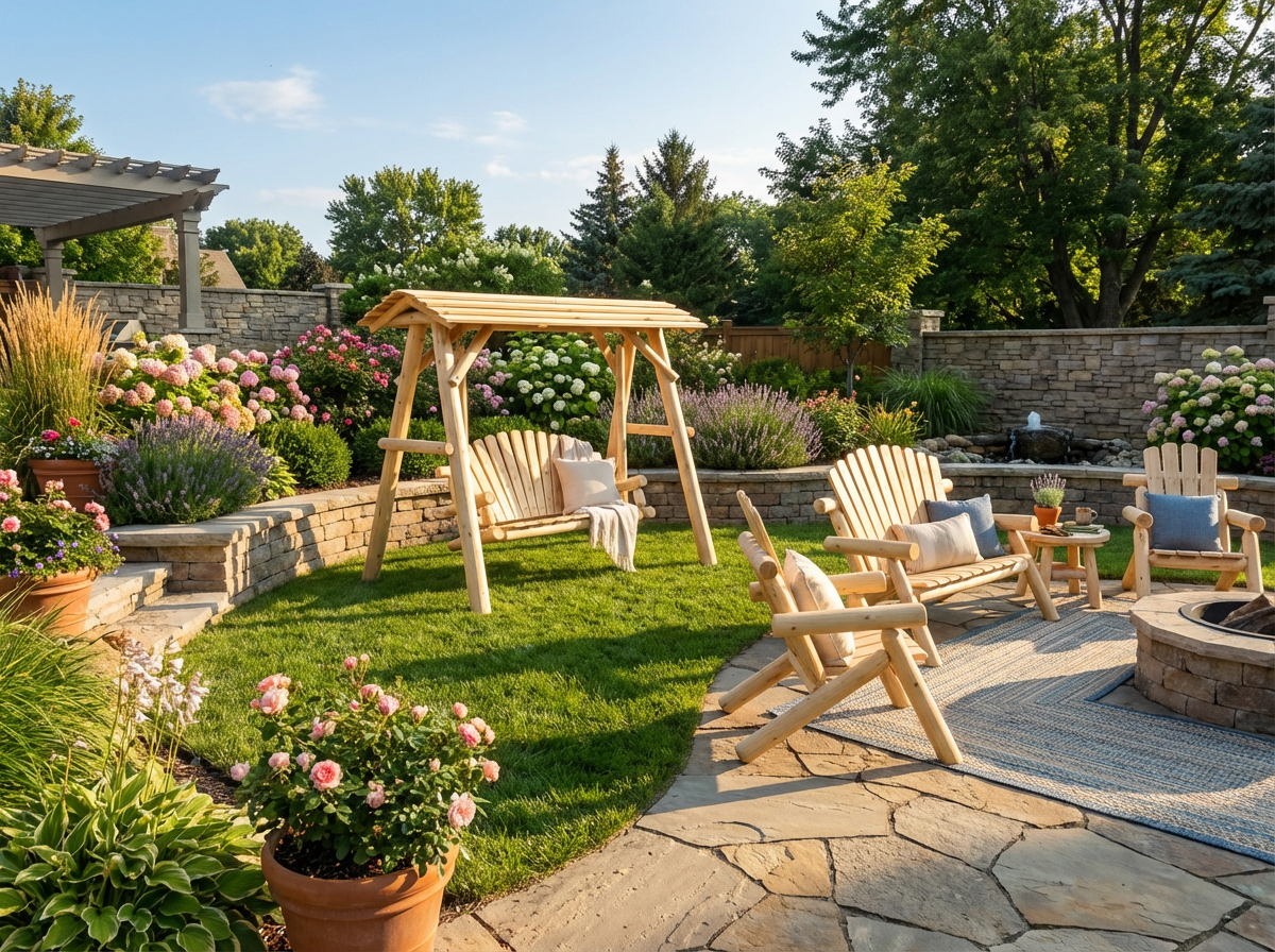 Wooden porch swing with canopy by Cedar Creek Rustic Furniture, featuring a sturdy frame and comfortable seating for outdoor relaxation.