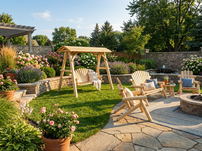Wooden porch swing with canopy by Cedar Creek Rustic Furniture, featuring a sturdy frame and comfortable seating for outdoor relaxation.