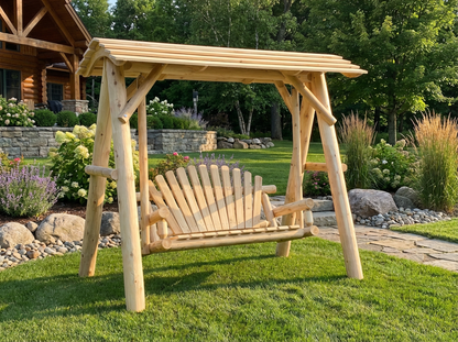 Rustic cedar wood porch swing with canopy, featuring comfortable seating and sturdy frame for outdoor relaxation.